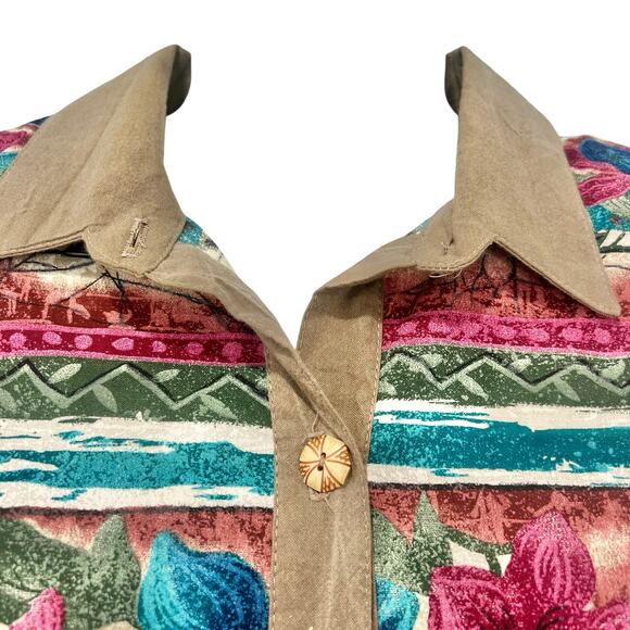 Vintage 90s Brown Floral Striped Short Sleeve Collared Button Down Shirt size M - Picture 5 of 11